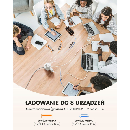 LISTWA ANTYPRZEPIĘCIOWA KOSTKA OCHRONNA 8w1 4 GNIAZDKA + 3 USB-A + 1 USB-C