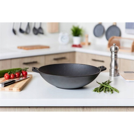 PATELNIA WOK ŻELIWNA Głęboka 36 cm Duża na Indukcję Kuchenkę i Ognisko
