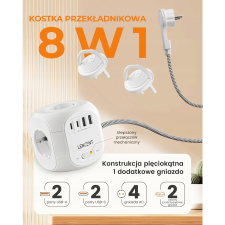 LISTWA ANTYPRZEPIĘCIOWA KOSTKA OCHRONNA 8w1 4 GNIAZDKA + 3 USB-A + 1 USB-C