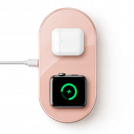 Ładowarka Indukcyjna 2w1 Qi do iPhone Apple Watch AirPods Różowa Te-Rich