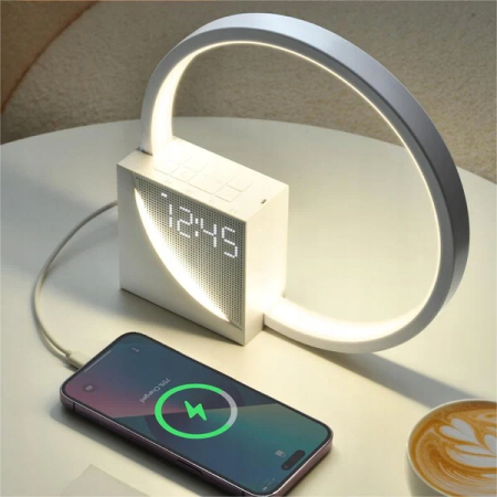 Lampka nocna Budzik Dotykowa LED z portem USB sieciowa Brązowa biały ciepły