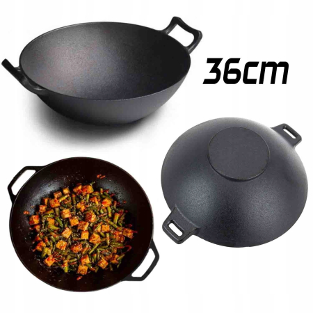 PATELNIA WOK ŻELIWNA Głęboka 36 cm Duża na Indukcję Kuchenkę i Ognisko