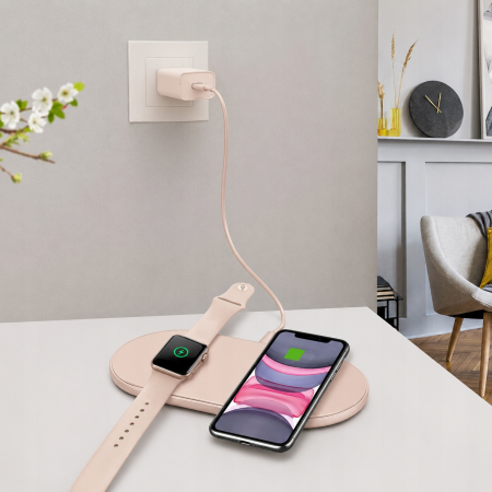 Ładowarka Indukcyjna 2w1 Qi do iPhone Apple Watch AirPods Różowa Te-Rich