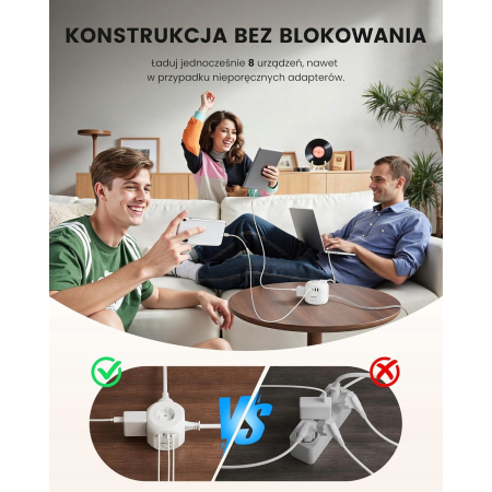 LISTWA ANTYPRZEPIĘCIOWA KOSTKA OCHRONNA 8w1 4 GNIAZDKA + 3 USB-A + 1 USB-C