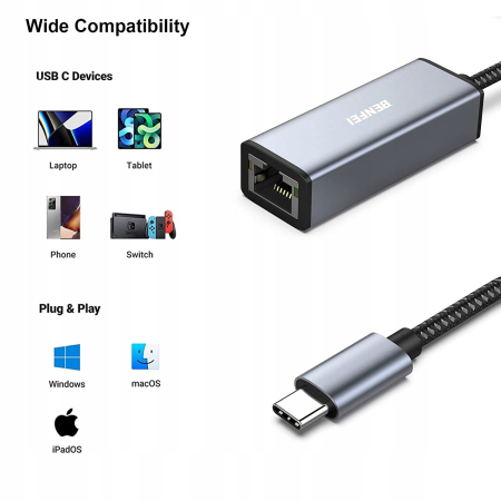 BENFEI Adapter USB-C Na Ethernet RJ45 1000Mbps